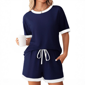 European American Women Ribbed Knit Color Block <b>Pjs</b> Solid Short Sleeve Sleepwear <b>Summer</b> - Product Image 2