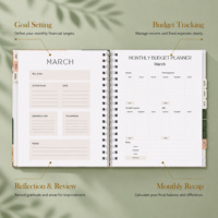 Planificateur de budget personnalisé 2026 2027 avec impression couleur, format A5, couverture en papier spirale abstrait botanique, style minimaliste terreux, avec onglets