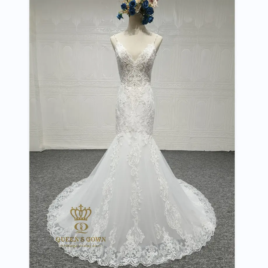 QUEENS GOWN mermaid embroidery lace beading v neckline sleeveless spaghetti straps bridal dresses