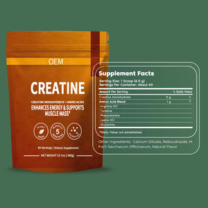 ผงครีเอทีนโมโนไฮเดรตแบบ OEM/ฉลากส่วนตัว |   ครีเอทีน 5 กรัม + สารผสมกรดอะมิโน 1 กรัม |   60 หน่วยบริโภค (389 กรัม) |   จากพืช - Product Image 2