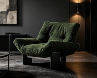Fauteuil lounge moderne avec base en bois massif - Fauteuil d'appoint ergonomique en tissu bouclé vert foncé pour salon, café ou utilisation en café