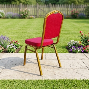 Chaise d'hôtel avec structure en métal plaqué or, revêtement en tissu à motifs résistant aux taches, dossier ergonomique incurvé, design empilable - Product Image 3