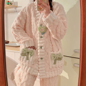 Sleepwear Sets Wheat Jacquard Velvet Thickened 280g <strong>Pyjamas</strong> Women's Cartoon Cute Cardigan V-Neck Pajamas Long Sleeve - Product Image 6