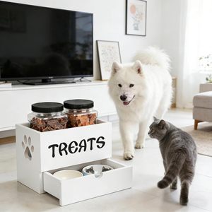 <span class=keywords><strong>Container</strong></span> de Armazenamento de Ração e Petiscos para Cães em Madeira Esculpida, <span class=keywords><strong>Container</strong></span> Quadrado Micro-ondas com 2 Potes para Petiscos, Presente para Proprietários de Animais - Product Image 1