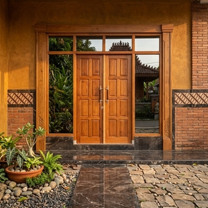 Système de porte principale double en teck massif à 16 panneaux Heritage Manor avec transom et encadrement latéral - Product Image 6