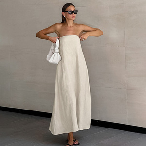 <span class=keywords><strong>Robe</strong></span> <span class=keywords><strong>mi</strong></span>-<span class=keywords><strong>longue</strong></span> sexy sans bretelles coupe trapèze antistatique pour femme, en coton et lin <span class=keywords><strong>kaki</strong></span>, style décontracté pour les vacances, taille empire, idéale pour l'été - Product Image 2