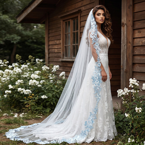 <span class=keywords><strong>Voile</strong></span> de mariée long en dentelle avec appliques, taille personnalisée, 1 couche, orné de paillettes, vente en gros d'usine, faible MOQ, OEM/ODM - Product Image 1