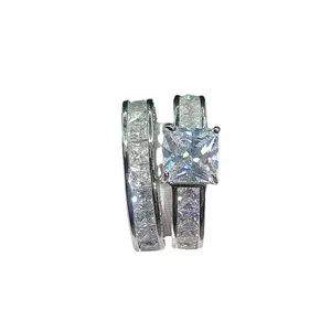 厂家直销流行方形7毫米钻石订婚婚礼双环立方氧化锆定制精品珠宝戒指