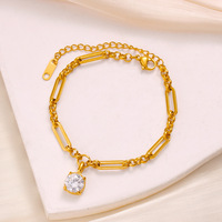 Pulsera de Acero Inoxidable con Baño de Oro PVD de 18K, con Dijes de Corazón, Redondos y Rectangulares con Circonita Cúbica, Pulsera Elegante para Mujer