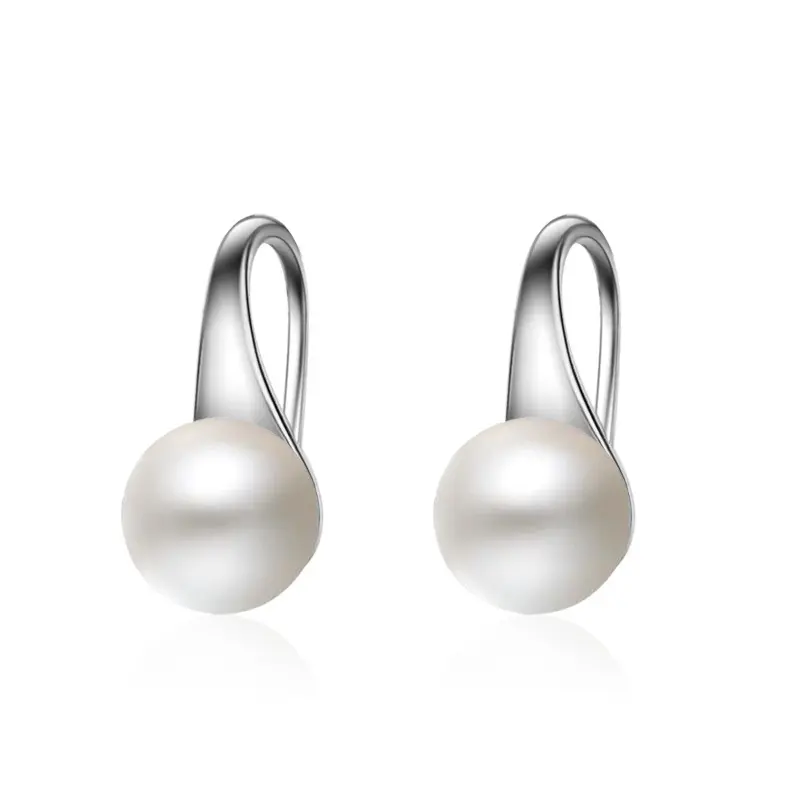 Dainty Elegant 8mm White ABS Imitation Pearl Stud Earrings White Gold Plated 925 Sterling Silver Hook Earrings