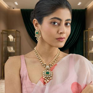 Kundan <b>Necklace</b> 174043 with Diamond Flower Shape Long Haaram Bezel Setting for Women's Wedding Occasions - Product Image 3