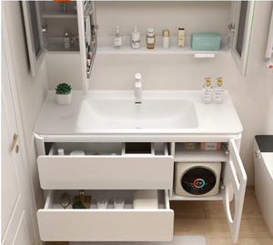 Mueble <span class=keywords><strong>de</strong></span> baño moderno integrado <span class=keywords><strong>de</strong></span> roble con lavabo <span class=keywords><strong>de</strong></span> cerámica y escurridor <span class=keywords><strong>de</strong></span> cobre compatible con lavadora y secadora <span class=keywords><strong>de</strong></span> ropa - Product Image 2