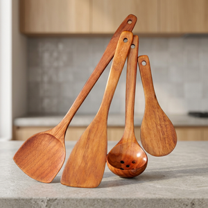 Juego de utensilios de cocina de madera de 4 piezas: cuchara, espátula, colador. Solo lavar a mano, apto para alimentos, mango largo. - Product Image 4