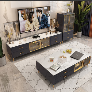 Meuble <span class=keywords><strong>TV</strong></span> de luxe en bois marbre blanc léger de style italien, table basse moderne avec meuble de rangement, ensemble pour meubles de salon - Product Image 6