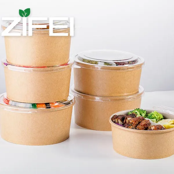 1000 ml 일회용 식품 용기 갈색 크래프트 종이 그릇 수프 샐러드 그릇 뚜껑 및 사용자 정의 허용 종이 그릇