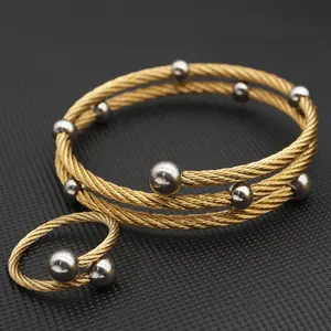 Классический двухслойный нейтральный стиль Золотой проволочный браслет и кольцо из нержавеющей стали