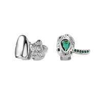 Grillz dentaire réglable en cuivre avec zircon vert motif fleur, style Hip Hop, bijoux de fête d'Halloween pour hommes et femmes, Or Argent