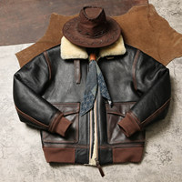 Blouson aviateur d'hiver pour homme, en cuir d'agneau de qualité supérieure, veste courte aviateur rétro avec poche contrastée