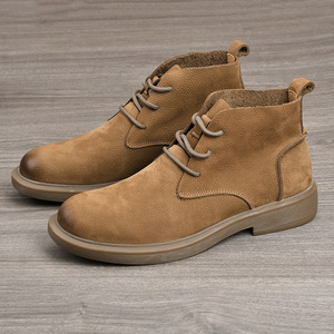Bottes à lacets pour hommes, bout rond, talon plat, semelle extérieure en caoutchouc, respirantes, couleur unie, chaussures décontractées - Product Image 3