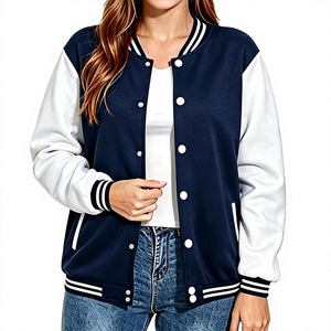 <b>Women</b> Varsity <b>Jacket</b> Navy <b>White</b> Contrast Color Full Sleeve Button Up Collar Regular Length Autumn Streetwear - Product Image 1