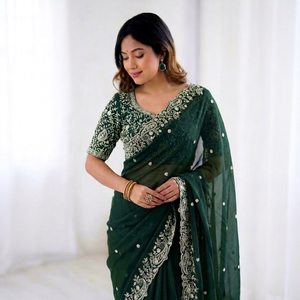 Sari en soie vert émeraude AARA Fashion avec broderie argentée pour femmes, tenue de mariage indienne traditionnelle, longueur au sol - Product Image 1