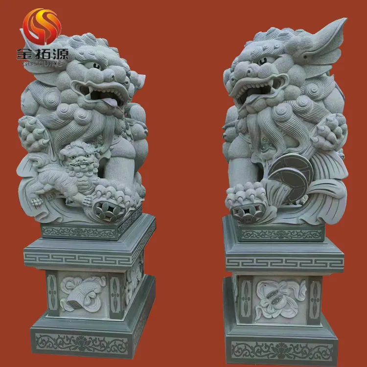 Usine En Gros Pierre Sculpture Et Sculpture Pierre Fu Foo Chien Feng Shui Vert Granit Antique Chinois Foo Chien statue
