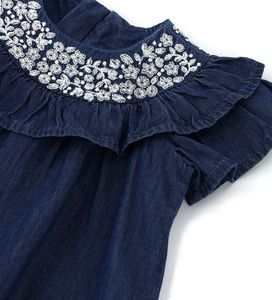 Robe-<span class=keywords><strong>jupe</strong></span> en jean d'été à motif floral pour filles, fabrication ODM, teinture unie, volants pour enfants - Product Image 4