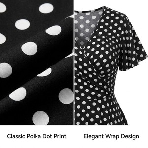 Abito a <span class=keywords><strong>Pois</strong></span> Personalizzato Plus Size da Donna, Scollo a V, Maniche a Sbuffo, Vita Alta, Linea ad A, Svasato, Lunghezza Midi, Stile Retrò Vintage OEM ODM - Product Image 6