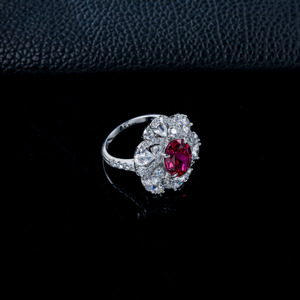 925 Sterling Silver Lab Created Ruby Oval Cut Floral Halo <b>Statement</b> <b>Ring</b> - Product Image 4