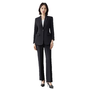 Women's Navy Blue Suit Set Flared Pants Anti-Wrinkle Polyester Work Commute Wear - Product Image 5