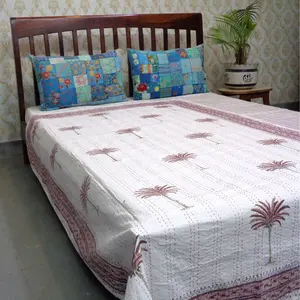 Factory Outlets Indian Palm Tree Pink Algodón bordado a mano Twin Size Kantha para la venta a precio barato