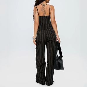 Women's <strong>Brown</strong> Black Striped Cami Crop Top and Wide Leg Pants Two-Piece Set Vintage Y2K Elegant Casual <strong>Outfit</strong> Two Piece Set - Product Image 4
