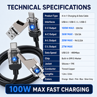 Kabel Pengisian Daya Cepat 100W PD 4 in 1 Multifungsi dengan Lampu LED, Kabel Silikon TPE Berlapis Tembaga untuk Ponsel, Laptop, dan Perjalanan