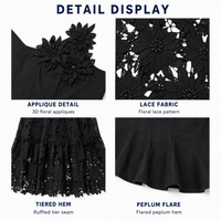 Ensemble deux pièces noir pour femme, haut peplum sans manches à col en V avec appliques florales, jupe longue trapèze en dentelle perlée, chic et luxueux pour soirée