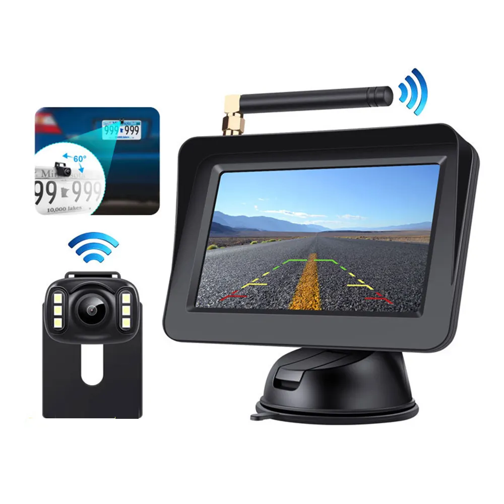 Monitor kaca spion 4.3 inci nirkabel, kamera cadangan mobil sistem garis pemandu parkir mobil tahan air kamera cadangan untuk mobil