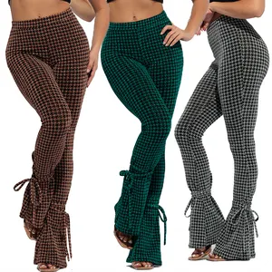 Wholesale clothing factory women's pants & trousers metallic houndstooth pants with ankle tie detail