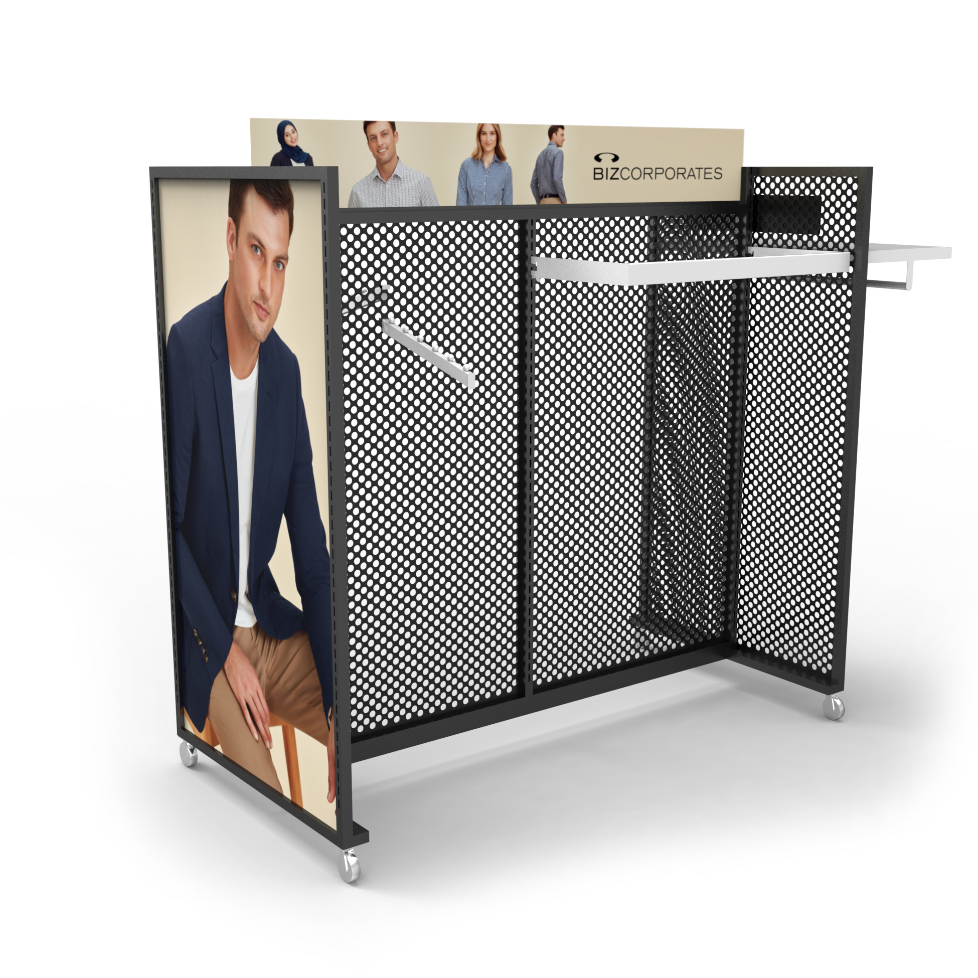 Custom Perforated Metal Clothing Display Rack with Casters L-Shape Pegboard Garment Rack Hanging Rail Retail Store Boutique OEM