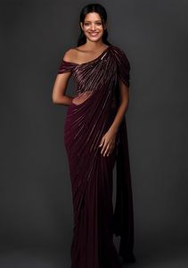 Modern Hand-Embellished Top Draped <b>Satin</b> Fabric Women's <b>Saree</b> Set AKS GROUP Quick Dry All Seasons Elegant Outfit for Weddings - Product Image 3