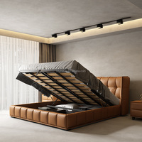 Cama Doble de Lujo Moderna con Tapicería de Cuero, Estructura de Madera Ecológica, Suave y Minimalista para Recámara Principal, de Alta Gama y Ambiente Sofisticado