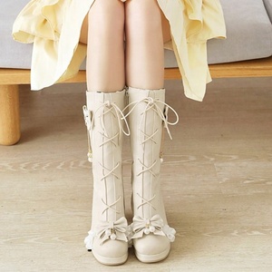 2020 New Arrivals Cosplay Mid-Calf Side Zip Women <b>Boots</b> Fashion Pearl Bowtie Round Toe <b>Boots</b> Shoes Large Size 46 Booties - Product Image 5