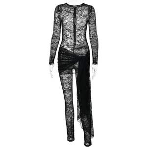 VOIKERDR Combinaison en dentelle noire pour femme, taille haute, manches longues, sans couture, tenue de soirée moulante - Product Image 4