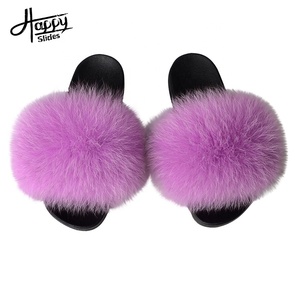 Happyslides sandali di peluche vera pelliccia di <span class=keywords><strong>visone</strong></span> diapositive 2023 grandi diapositive di pelliccia Bulk donne pantofole pelose Logo diapositive di pelliccia blu - Product Image 5