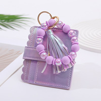 Gelang Kulit+Silikon Manik-Manik Laris Manis, Tempat Kartu Gantungan Kunci Wanita, Dompet Kartu Holografik Warna Macaron, Rumbai Pergelangan Tangan Wanita