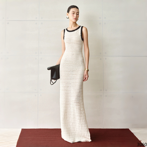 Abito lungo in maglia all'uncinetto con bordo a contrasto, senza maniche, girocollo, aderente, con spacco laterale e motivo geometrico traforato, da donna - Product Image 5