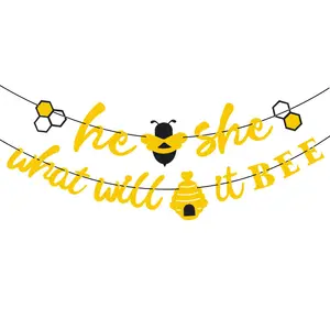 He or She What Will It Bee Banner Gender Reveal Garland with Bee and Beehive Baby Shower Glitter Party Favor Supplies Decor S254