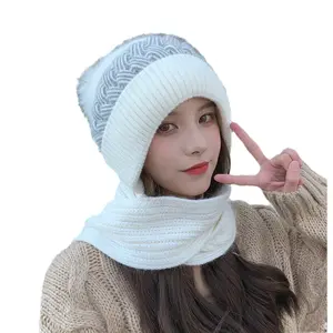 Ear Protection Windproof Cap Scarf Set Beanie Winter Hat Scarf All in One Beanie Hats with Pompom