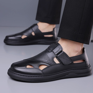Men's Genuine Leather Solid Pattern Flat Sandals Open Toe <b>Hook</b> Loop Casual Summer Breathable Rubber Outsole Outdoor <b>Shoes</b> - Product Image 4