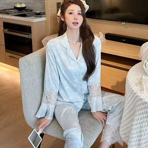 Ensemble de pyjama deux pièces en soie glacée à manches longues, nouvelle collection, imprimé tie-dye en satin, lingerie de nuit en dentelle – Offre Spéciale - Product Image 5