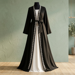 Abaya noire longue jusqu'au sol avec bordure perlée blanche, robe modeste à manches longues pour femmes, tenue de prière toutes saisons - Product Image 3