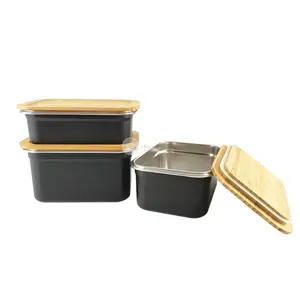 Factory Leakproof stainless steel thermal lunch box food storage container wooden bamboo bento lunchbox
